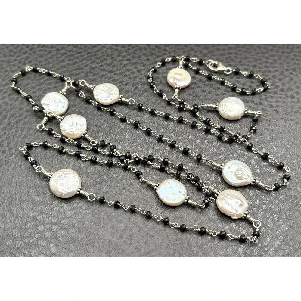 Vtg Coin Pearl Sterling Silver 925 Black Bead Necklace Opera Flapper Length 40